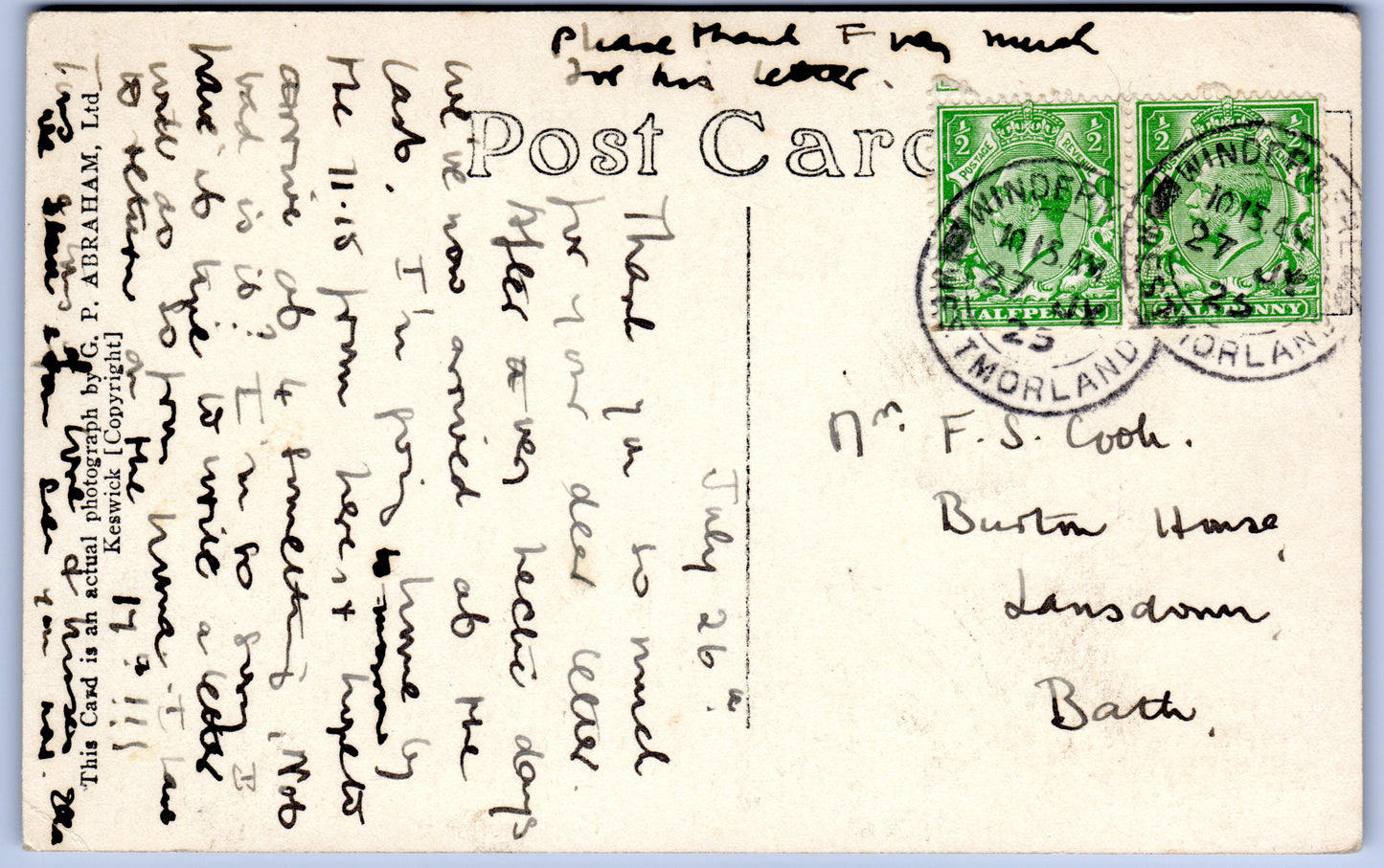 Blea Tarn and Langdale Pikes old real photo postcard 1925