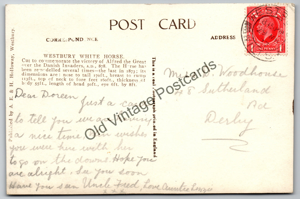 Westbury White Horse, Wiltshire – A.E. Holloway Old Vintage Postcard