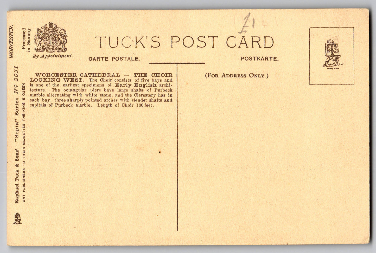 Worcester Cathedral The Choir Looking West old Tucks Postcard