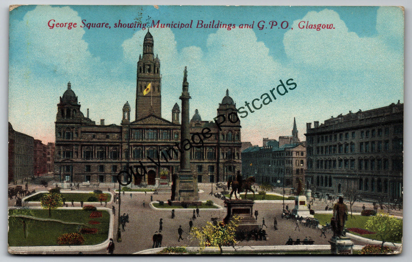George Square Glasgow Postcard – Municipal Buildings & GPO – Posted 1918 Vintage