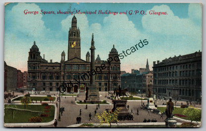 George Square Glasgow Postcard – Municipal Buildings & GPO – Posted 1918 Vintage