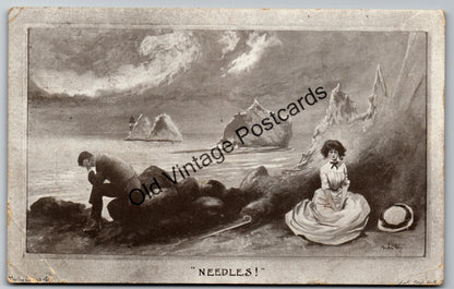 Needles landmark chalk rock formations, Isle of Wight Postcard - posted 1920 vintage