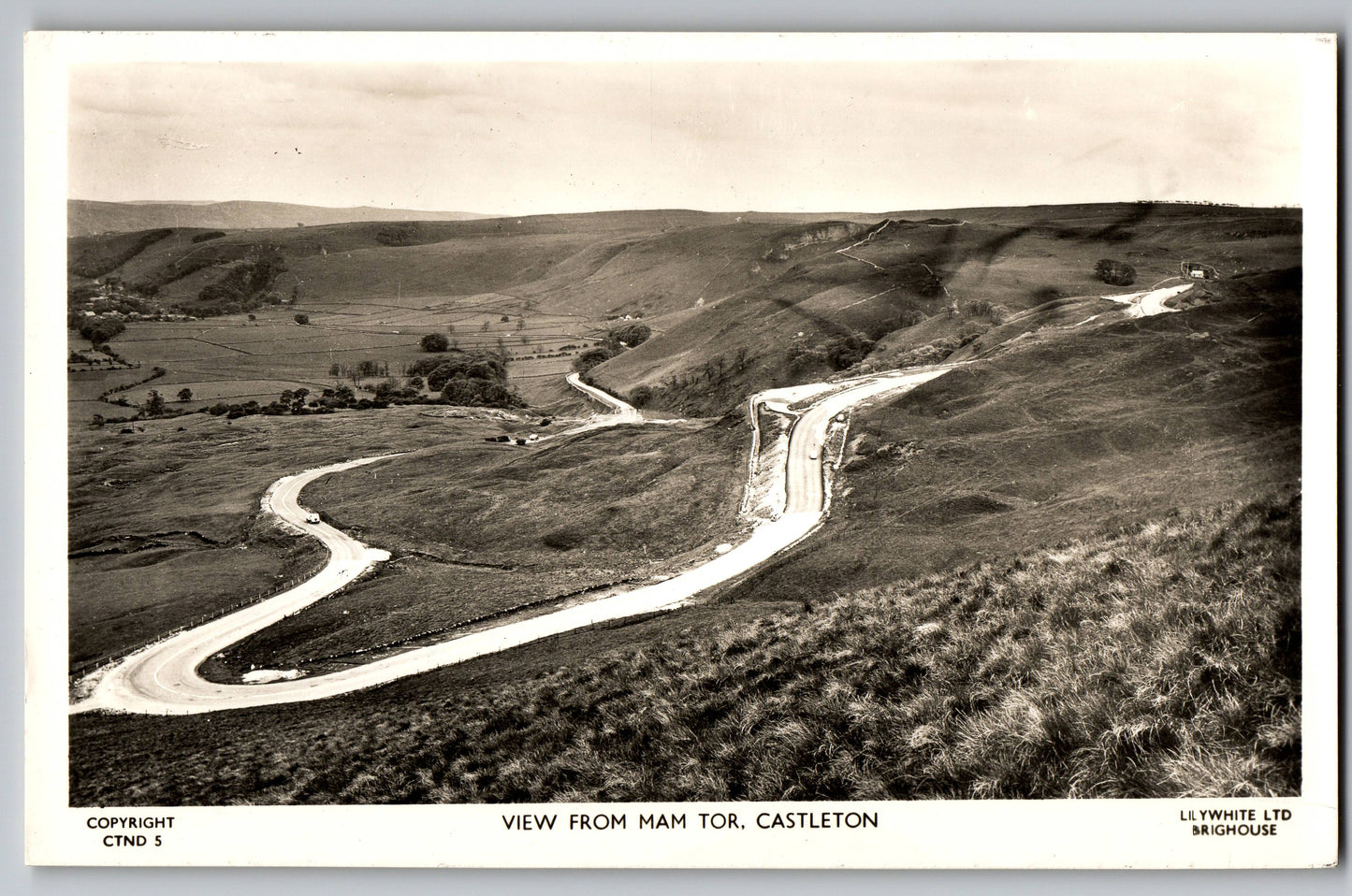 View from Mam Tor Castleton Peak District real photo postcard