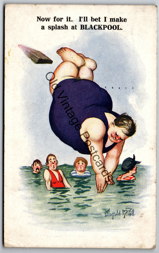Vintage Comic Postcard – “A Splash at Blackpool” – 1927 Old Vintage Postcard