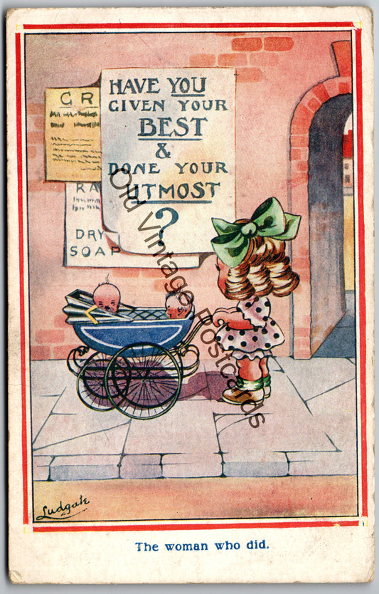 Vintage WWI Comic Postcard – “The Woman Who Did” – War Savings