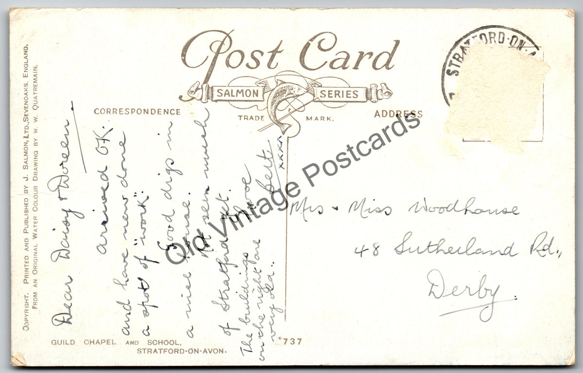Vintage Postcard - Guild Chapel & School, Stratford-upon-Avon - Salmon Series - Early 1900s